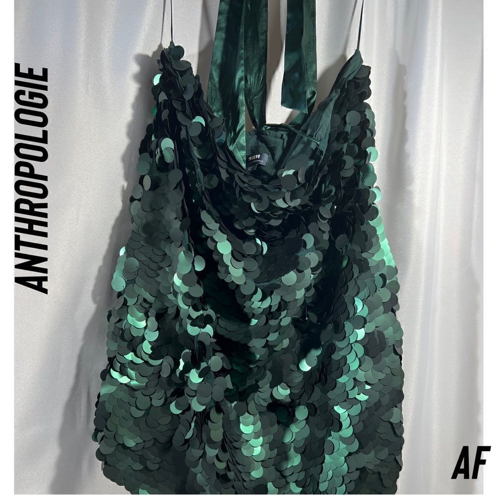 ANTHROPOLOGIE BY MAEVE ONE SHOULDER SEQUINED MINI DRESS EMERALD NEW LARGE - Picture 7 of 7
